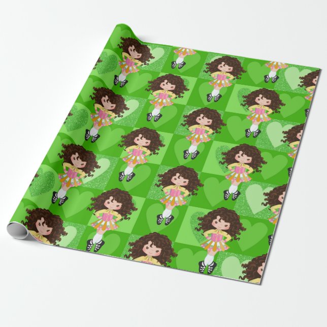 Irish Dance Green Monochrome Heart Wrapping Paper (Unrolled)