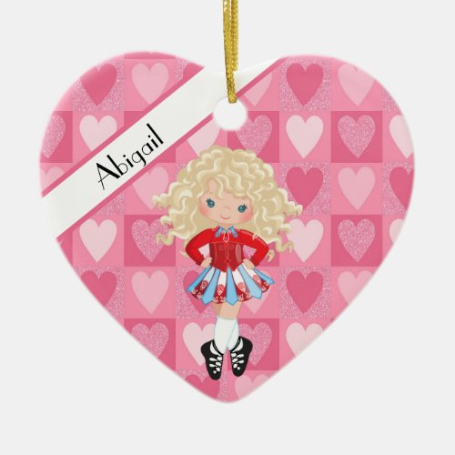 Irish Dance Pink Monochrome Heart Christmas Ceramic Ornament