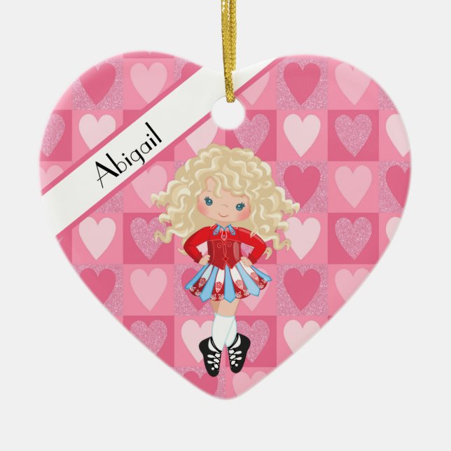 Irish Dance Pink Monochrome Heart Christmas Ceramic Ornament (Front)