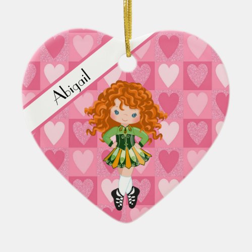 Irish Dance Pink Monochrome Heart Christmas Ceramic Ornament