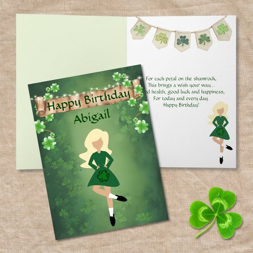 Irish Dance Shamrock Wishes Blond Hair Birthday Card