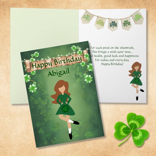 Irish Dance Shamrock Wishes Brown Hair Birthday Card