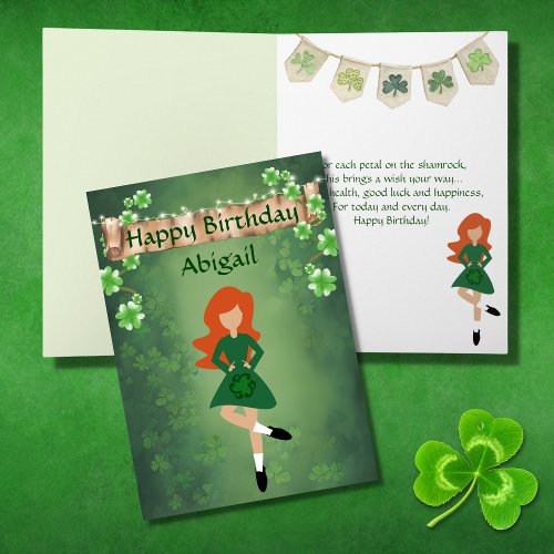 Irish Dance Shamrock Wishes Red Hair Birthday Card