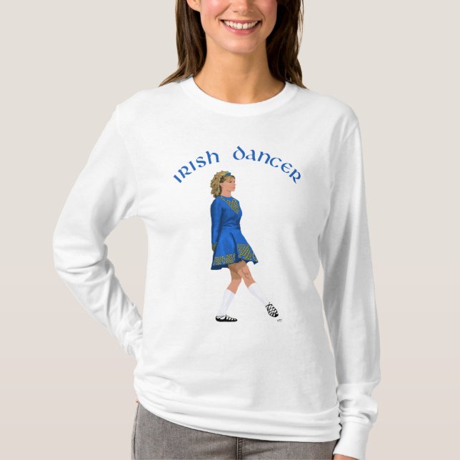 Irish Dancer Blonde in Blue T-Shirt (Front)