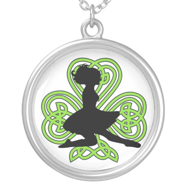 Irish Dancer Leaping Celtic Knot Heart Shamrock Silver Plated Necklace (Front)