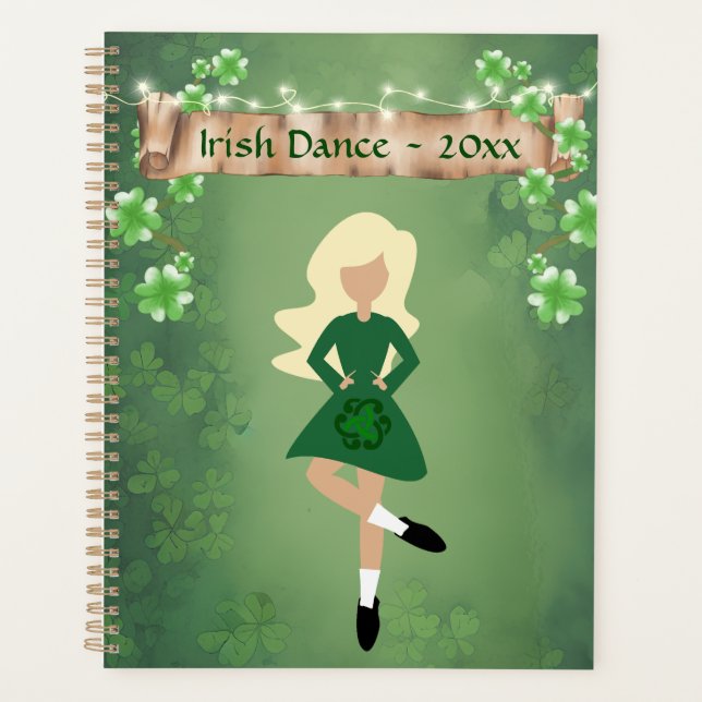 Irish Dancer with Blond Hair and Clovers Dance Planner (Front)