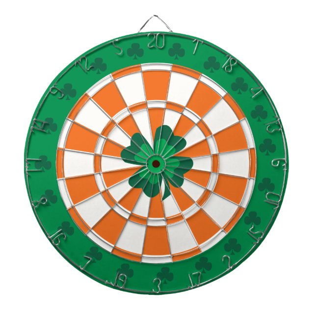 Irish Dartboard: Shamrock Green, Orange, And White Dartboard With Darts (Front)
