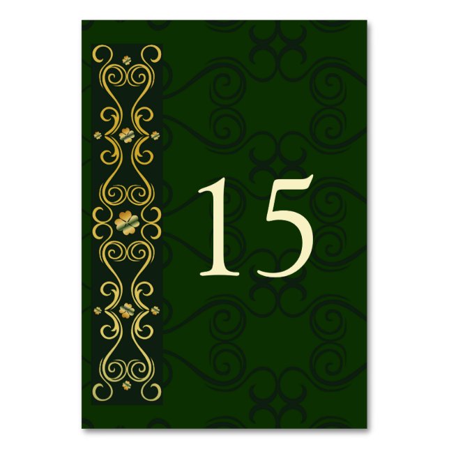 Irish Design Elegant Gold Dark Green Wedding Table Number (Front)