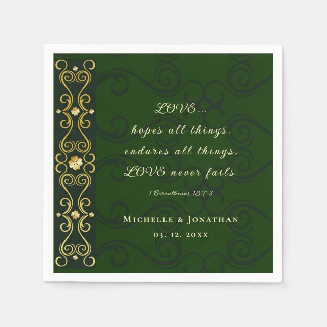 Irish Design LOVE Never Fails Bible Verse Wedding Napkins (Front)
