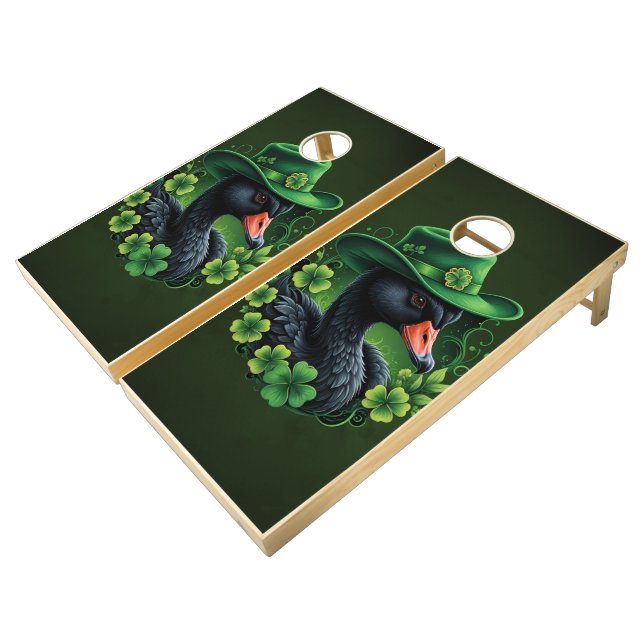 Irish Elegance, The Black Swan of St. Patrick Cornhole Set (Angled)