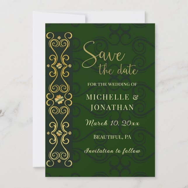 Irish Elegant Gold Abstract Dark Green Wedding Save The Date (Front)