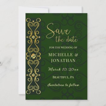 Irish Elegant Gold Abstract Dark Green Wedding Save The Date by Christian_Weddings at Zazzle