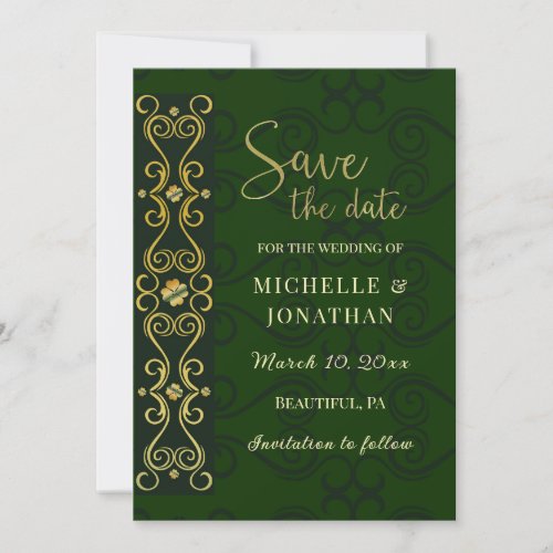 Irish Elegant Gold Abstract Dark Green Wedding Save The Date
