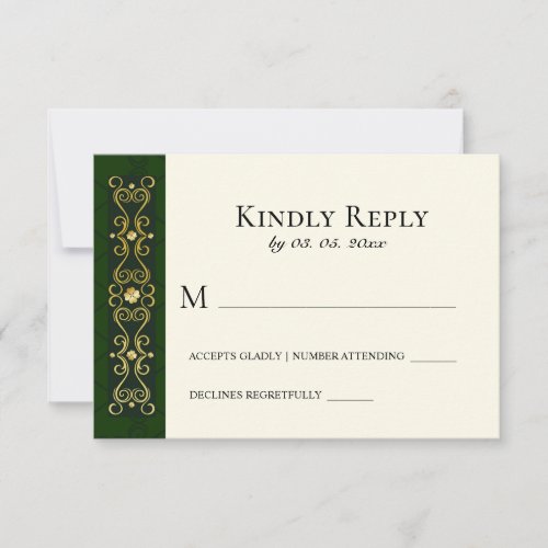 Irish Elegant Gold Dark Green Artwork Wedding RSVP Card