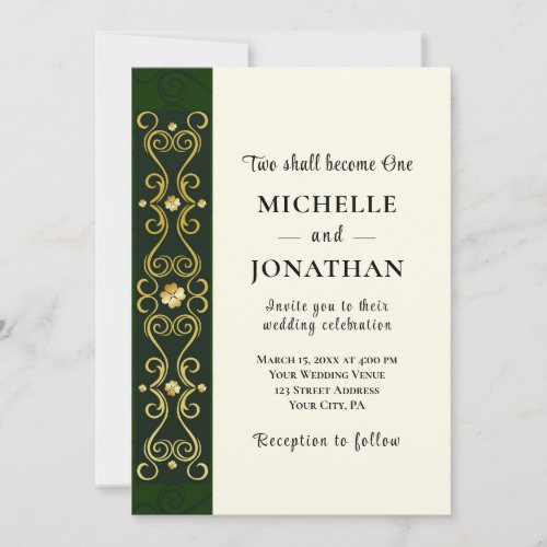 Irish Elegant Gold Dark Green Christian Wedding  Invitation