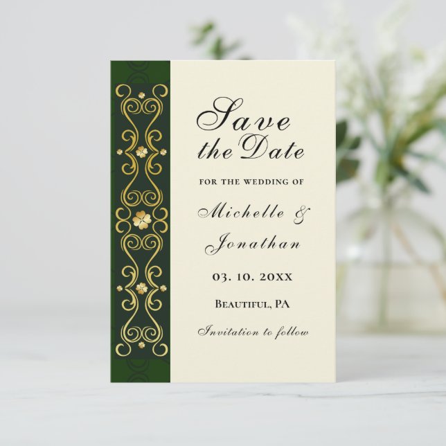 Irish Elegant Gold Dark Green Wedding Save The Date (Standing Front)
