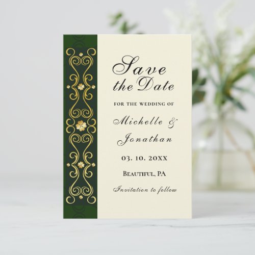 Irish Elegant Gold Dark Green Wedding Save The Date