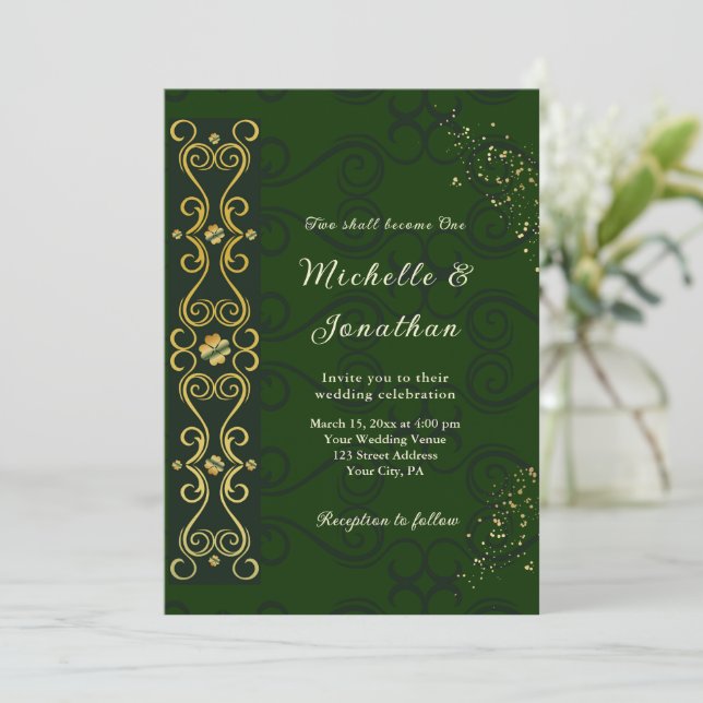 Irish Elegant Green Gold Design Christian Wedding Invitation (Standing Front)