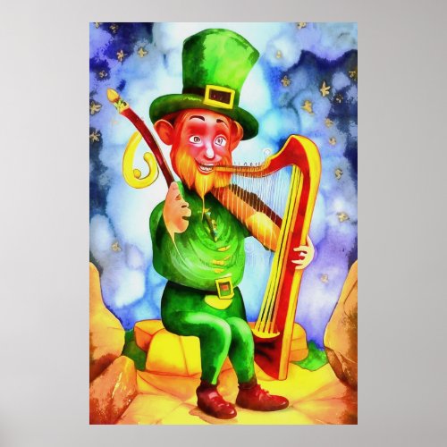 Irish Elf With Fiddle and Harp Poster