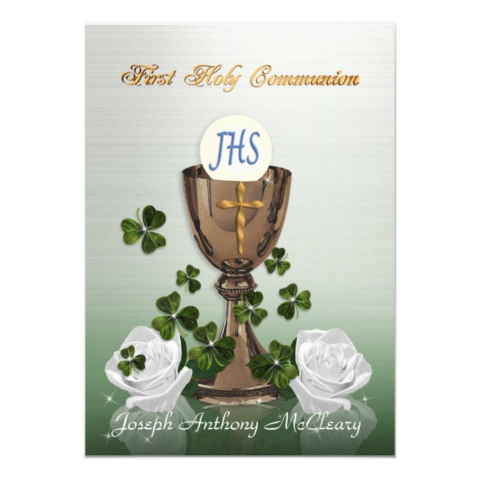 Irish First Communion invitation with shamrocks