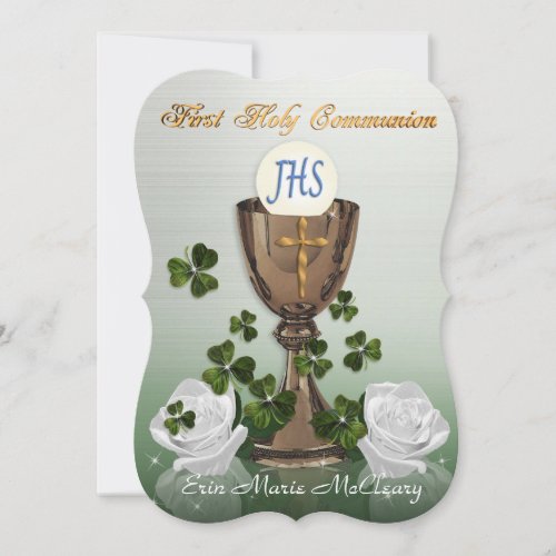 Irish First Communion invitation with shamrocks