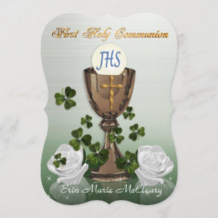 Irish First Communion invitation with shamrocks
