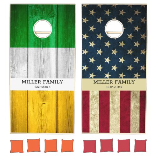 Irish Flag American Flag  Family Name Rustic    Cornhole Set