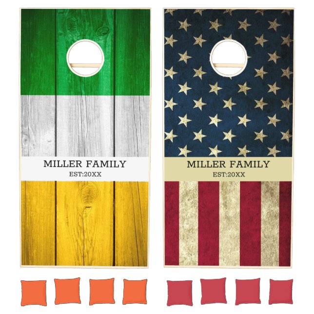 Irish Flag American Flag  Family Name Rustic    Cornhole Set (Set)