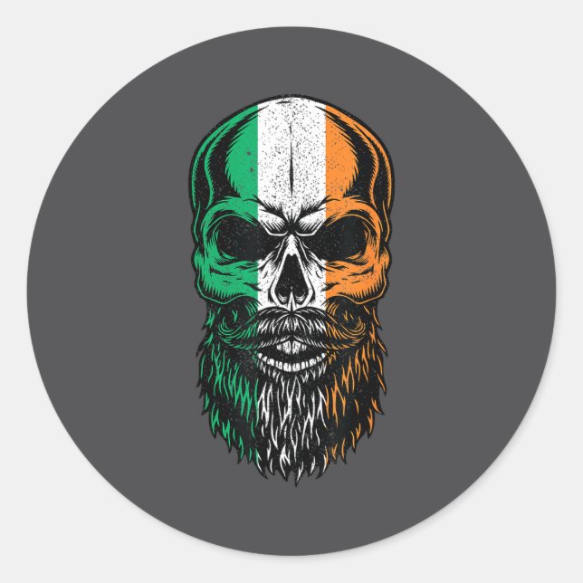 Irish Flag Bearded Skull Head Saint Patrick's Day  Classic Round Sticker (Front)