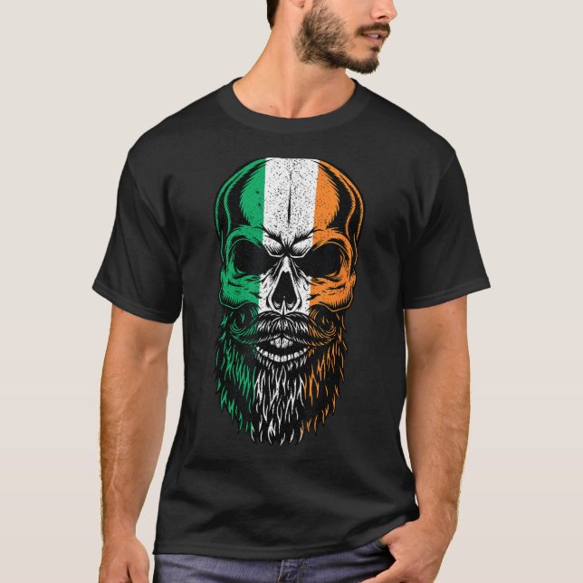 Irish Flag Bearded Skull Head Saint Patrick's Day  T-Shirt (Front)