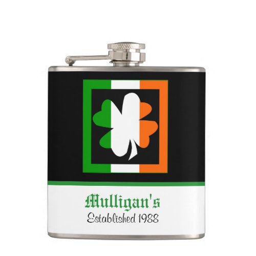 Irish Flag Border Shamrock Personalized Flask