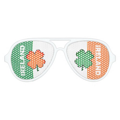 IRISH Flag Colors with Clovers on White Aviator Sunglasses