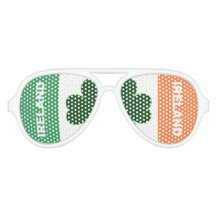 IRISH Flag Colors with Green Clover Leaf on White Aviator Sunglasses