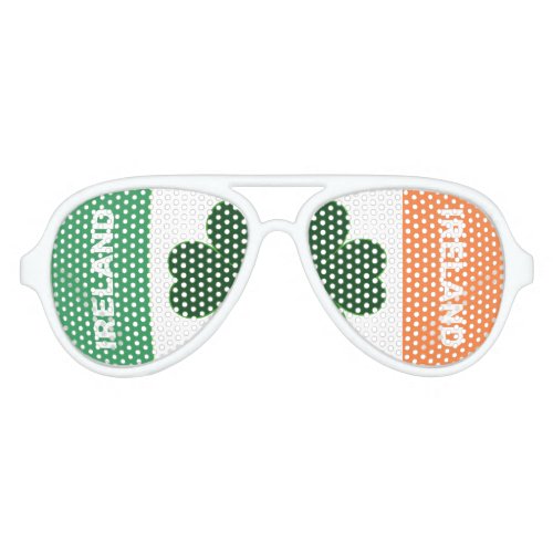 IRISH Flag Colors with Green Clover Leaf on White Aviator Sunglasses