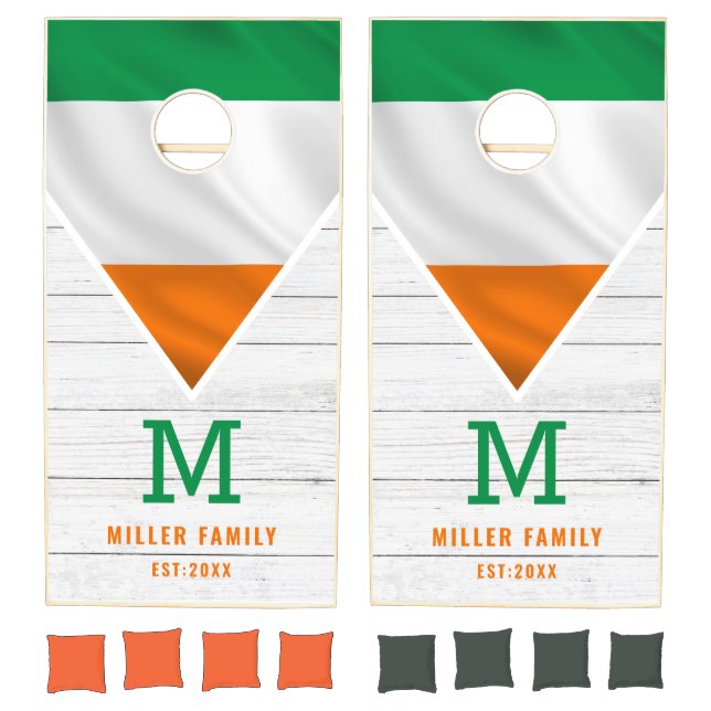 Irish Flag Family Name Monogram Rustic White Wood Cornhole Set (Set)