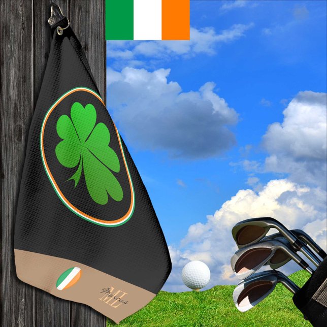Irish Flag, Lucky Clover monogram, Golfing Ireland Golf Towel (Creator Uploaded)