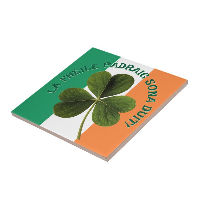 Irish Flag Shamrock Lá Fhéile Pádraig Sona Ceramic Tile (Side)
