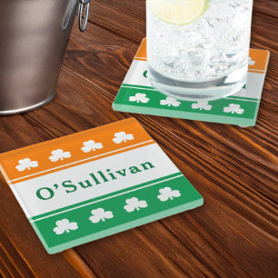 Irish Flag Shamrock Monogram Family Name Glass Coaster