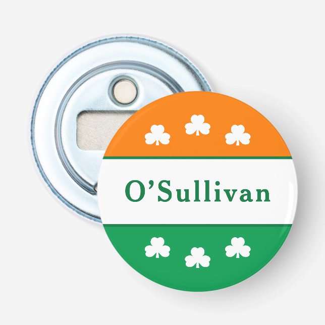Irish Flag Shamrock Monogram Last Name Bottle Opener (Front)