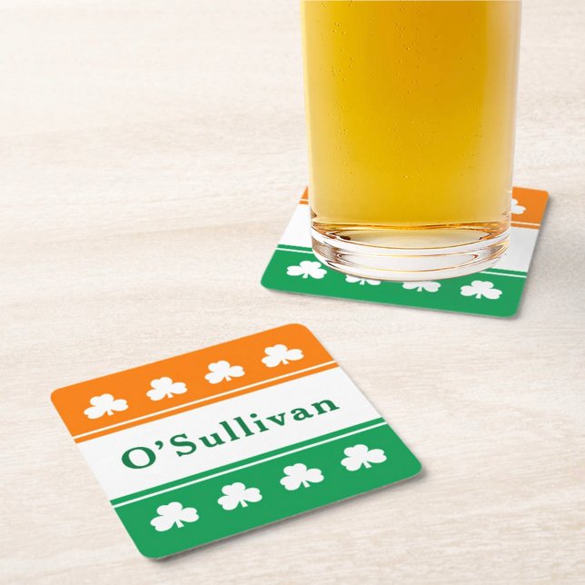 Irish Flag Shamrock Monogram Last Name Square Paper Coaster (Creator Uploaded)