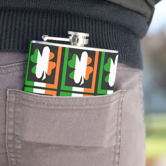 Irish Flag Shamrock Pattern Hip Flask (In Situ)