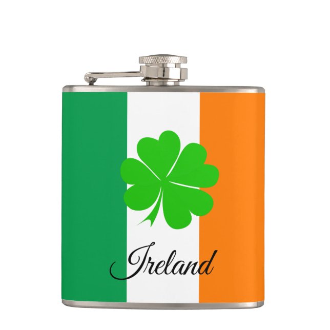 Irish Flag & Shamrock, travel Ireland /sports fans Flask (Front)