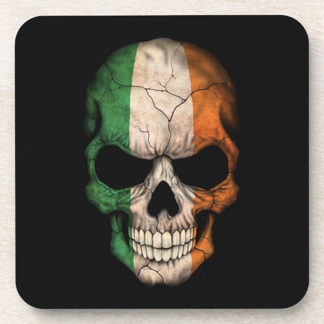 Irish Flag Skull on Black Drink Coaster (Front)