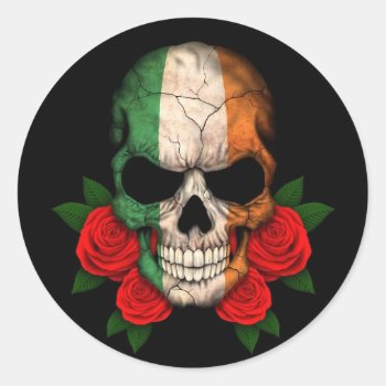 Irish Flag Skull With Red Roses Classic Round Sticker by JeffBartels at Zazzle