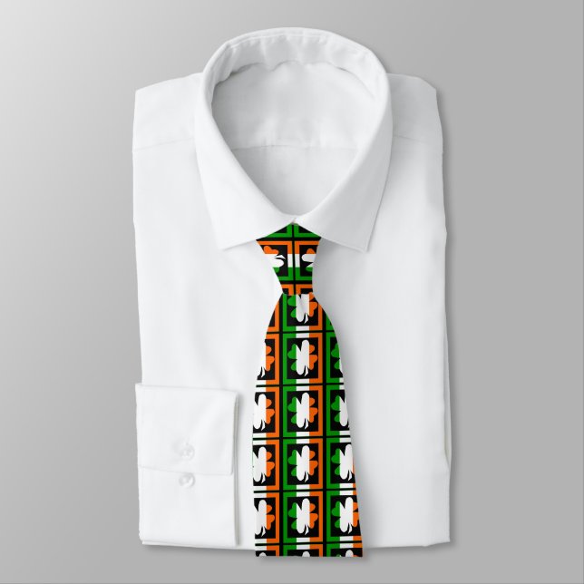 Irish Flag Square Shamrock Pattern Tie (Tied)