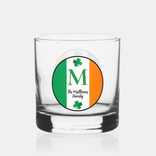 Irish Flag St Patricks Holiday Monogram Family Whiskey Glass