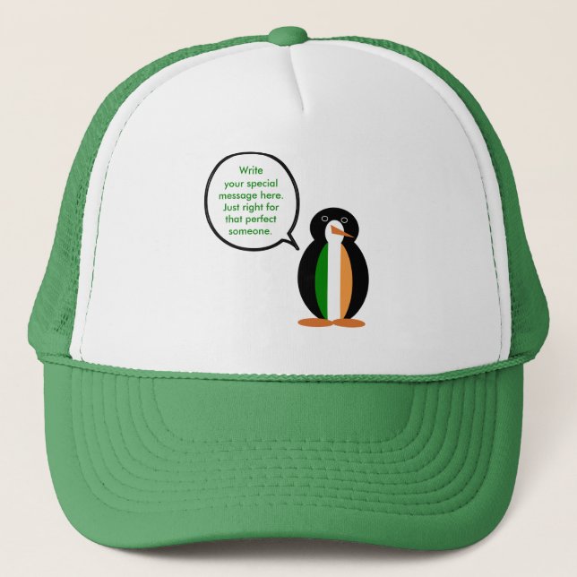 Irish Flag Talking Ms. Penguin  Trucker Hat (Front)