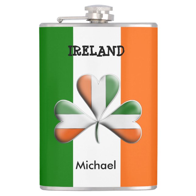 Irish Flag Tri Colors Themed Shamrock Flask (Front)