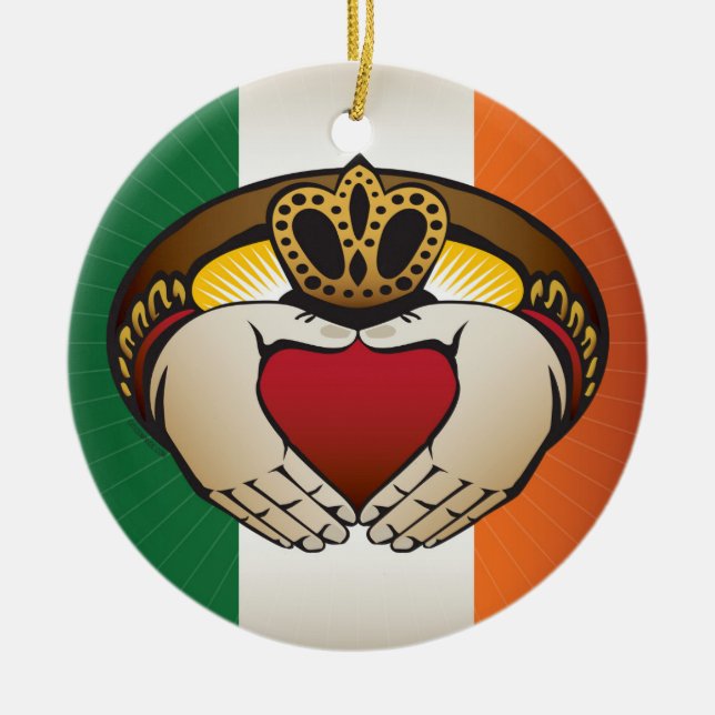 Irish Flag with Claddagh Ring Ceramic Ornament (Front)