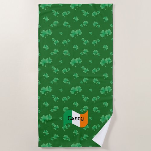 Irish Flag with Shamrocks Personalized Beach Towel